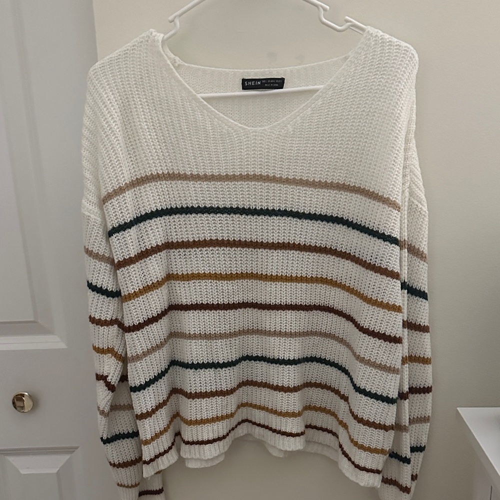 SHEIN Cream V-Neck Sweater with Stripes